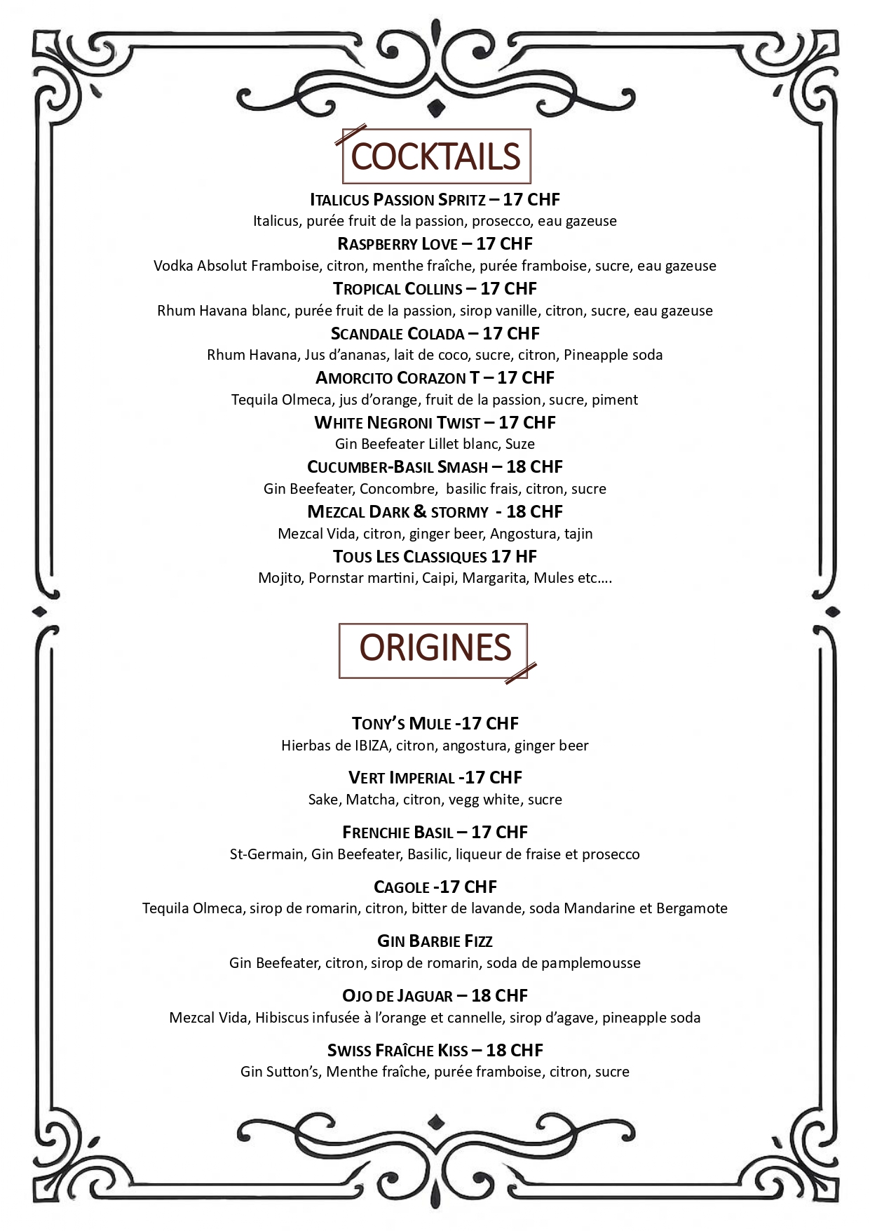 Carte des boissons – page 1